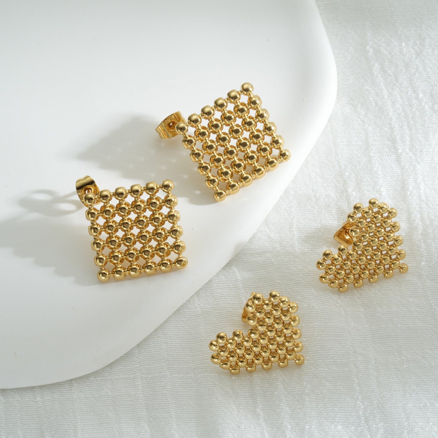 Square Shape Beaded 18K Gold Plated Steel Ear Studs