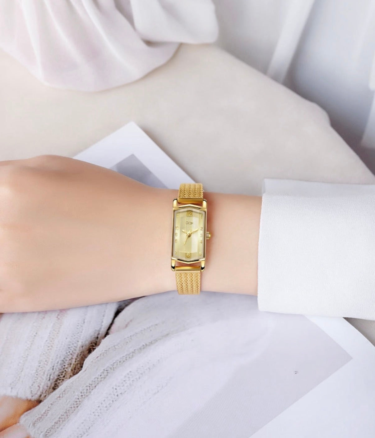 Women Quartz Wrist Watch Stainless Steel Milanese Mesh Strap Rectangular Dial Waterproof Retro