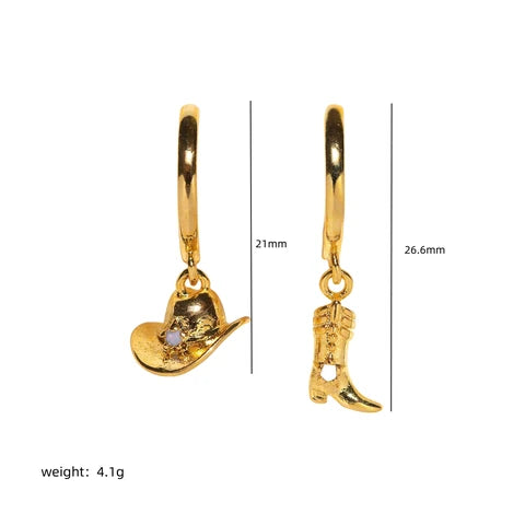 Cowboy Style Hat Boots 18K Gold Plated Drop Earrings