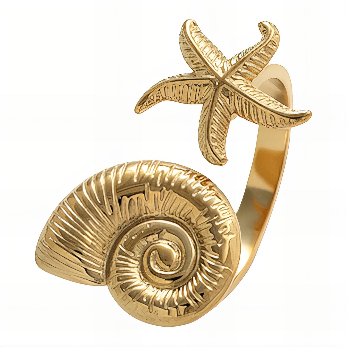"Starfish And Seashell" Ring, 18K Gold Plated Steel