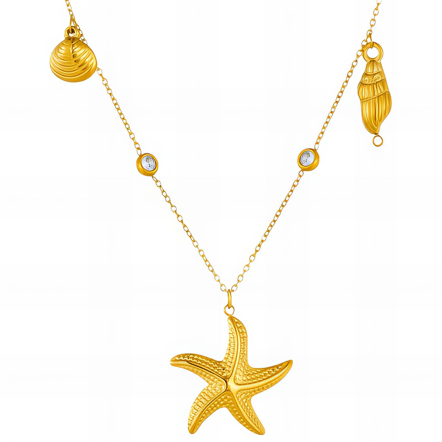 Starfish and Seashell Necklace 18K Gold Plated Steel