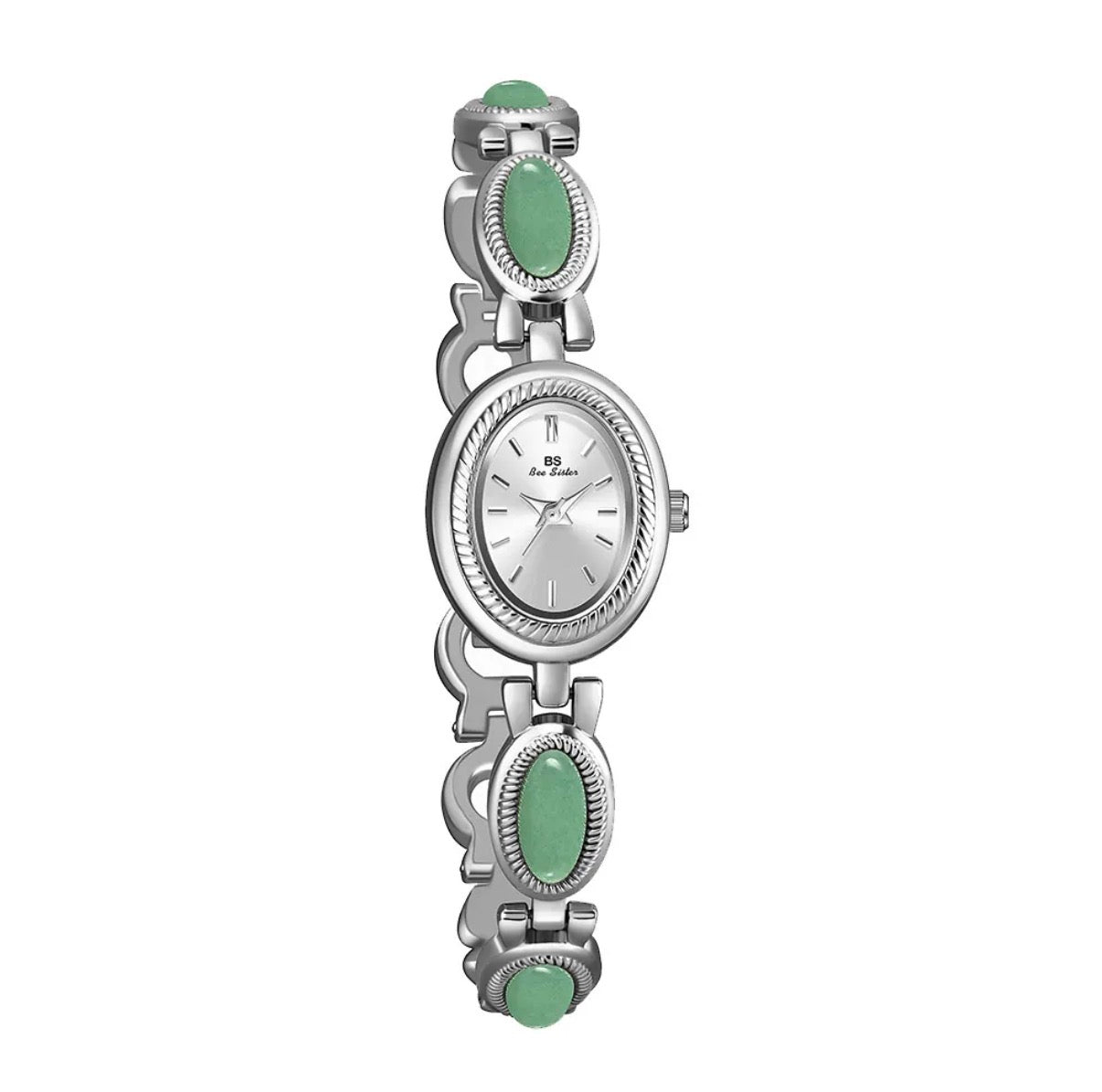Women's Bracelet Watch With Green Gemstone Oval Dial Vintage Elegant Alloy Wristwatch Retro Quartz Movement