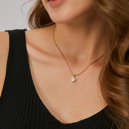 Round Water Droplets Zircon Pendant Necklace 18K Gold Plated Steel