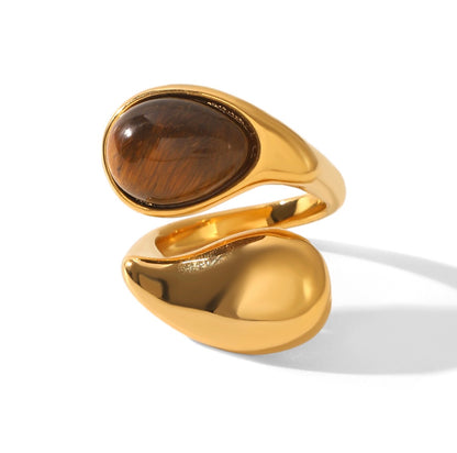 Teardrop Adjustable Ring 18K Gold Plated Stainless Steel Tiger Eye Stone