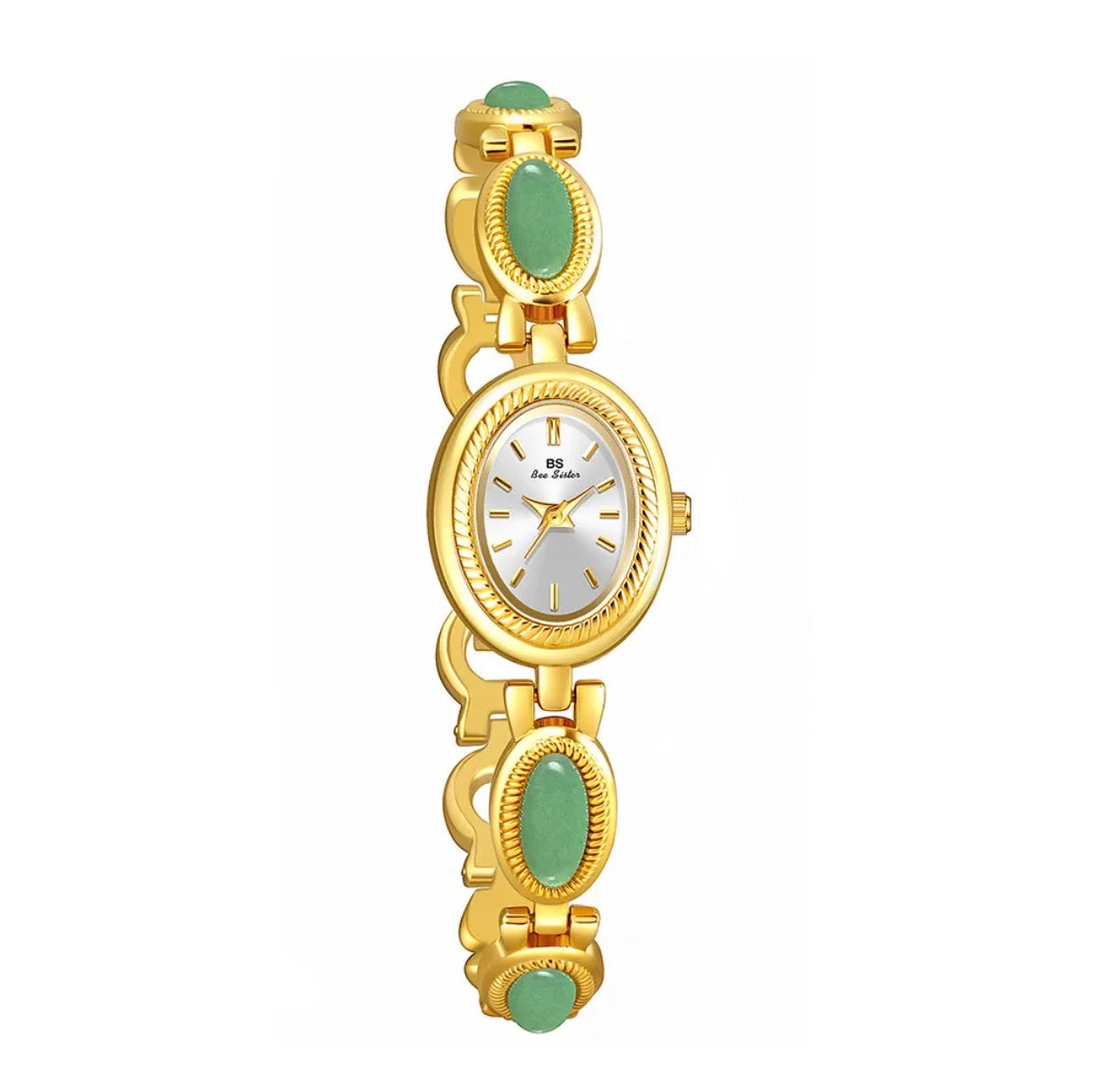 Women's Bracelet Watch With Green Gemstone Oval Dial Vintage Elegant Alloy Wristwatch Retro Quartz Movement