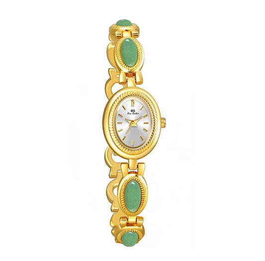 Women's Bracelet Watch With Green Gemstone Oval Dial Vintage Elegant Alloy Wristwatch Retro Quartz Movement