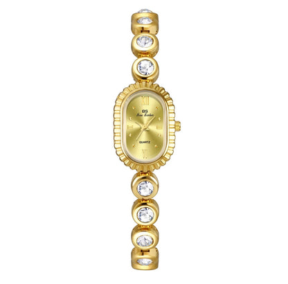 Vintage Women Quartz Watch Alloy Oval Dial Rhinestone Inlaid Wristwatch