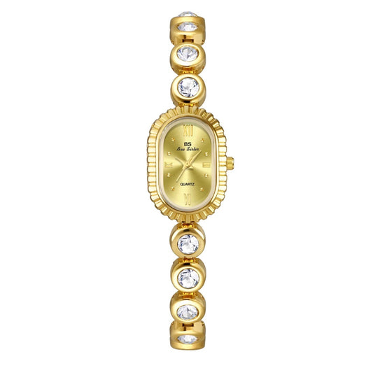 Vintage Women Quartz Watch Alloy Oval Dial Rhinestone Inlaid Wristwatch