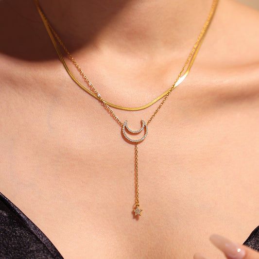 Moon Rhinestones Necklace 18K Gold Plated Steel