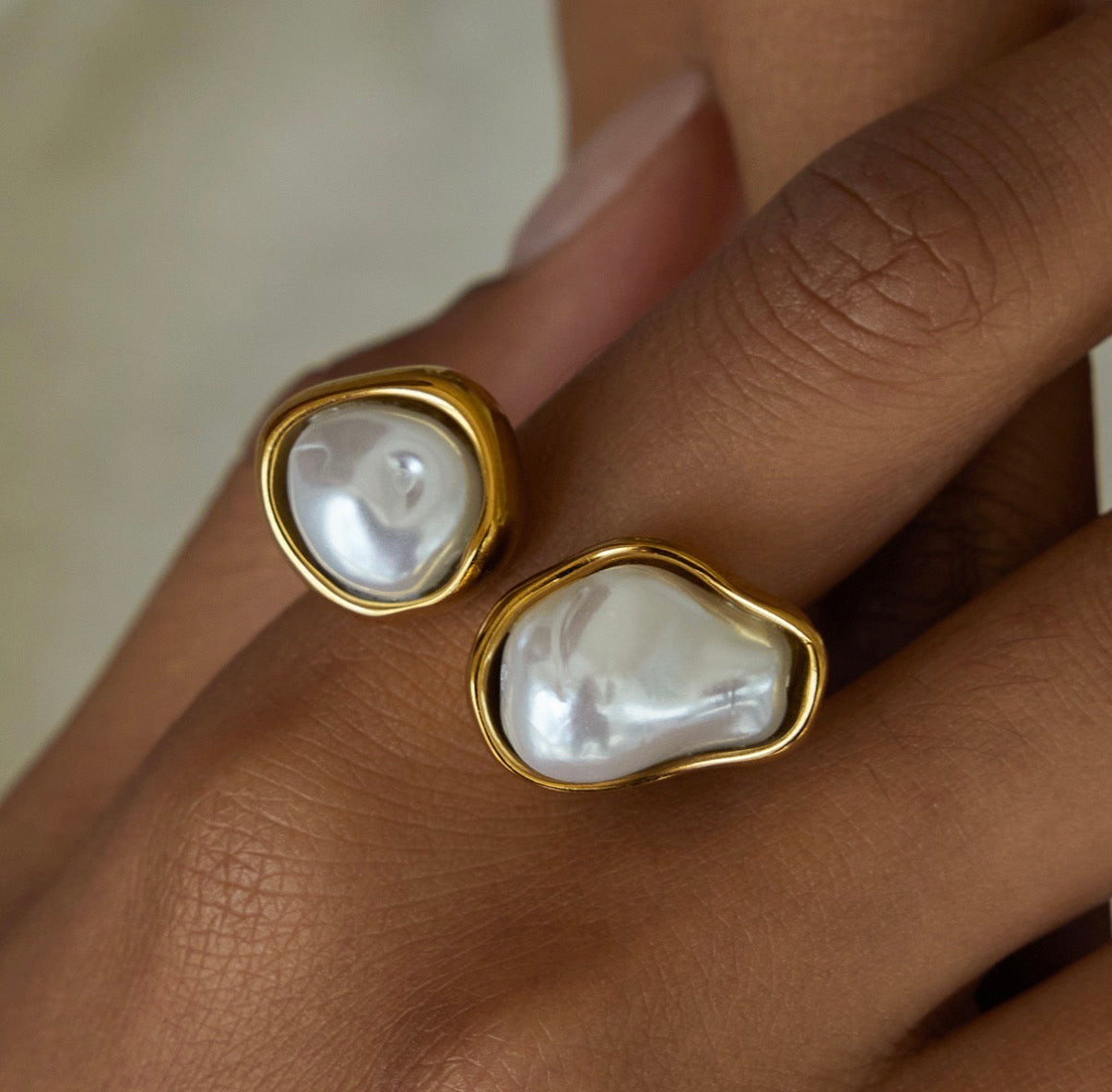 Artificial Baroque Pearl Open Ring Stainless Steel 18K Gold Plated Steel