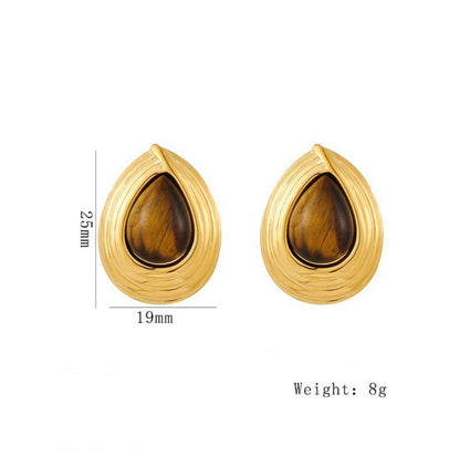Vintage Teardrop Stud Earrings Tiger Eye Stone Faux