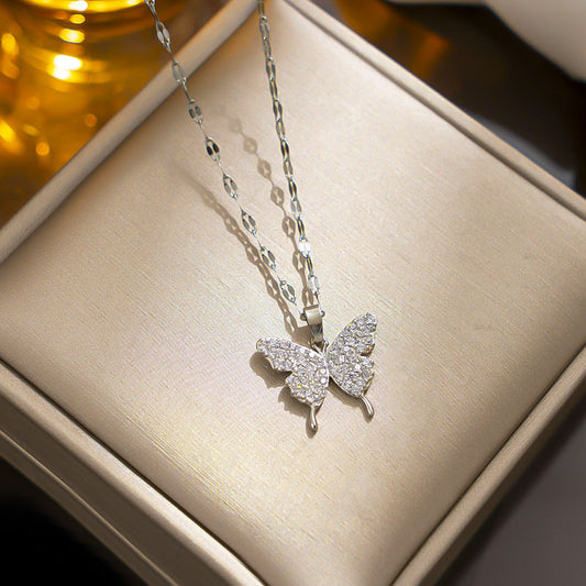 Sweet Butterfly Titanium Steel Rhinestone Pendant Necklace