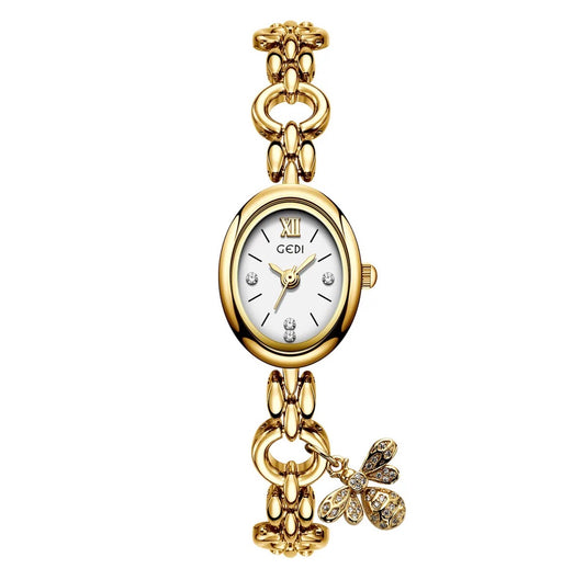 Women Quartz Watch Oval Dial Alloy Chain Bracelet Wristwatch With Bee Fish Charm Elegant Vintage Style