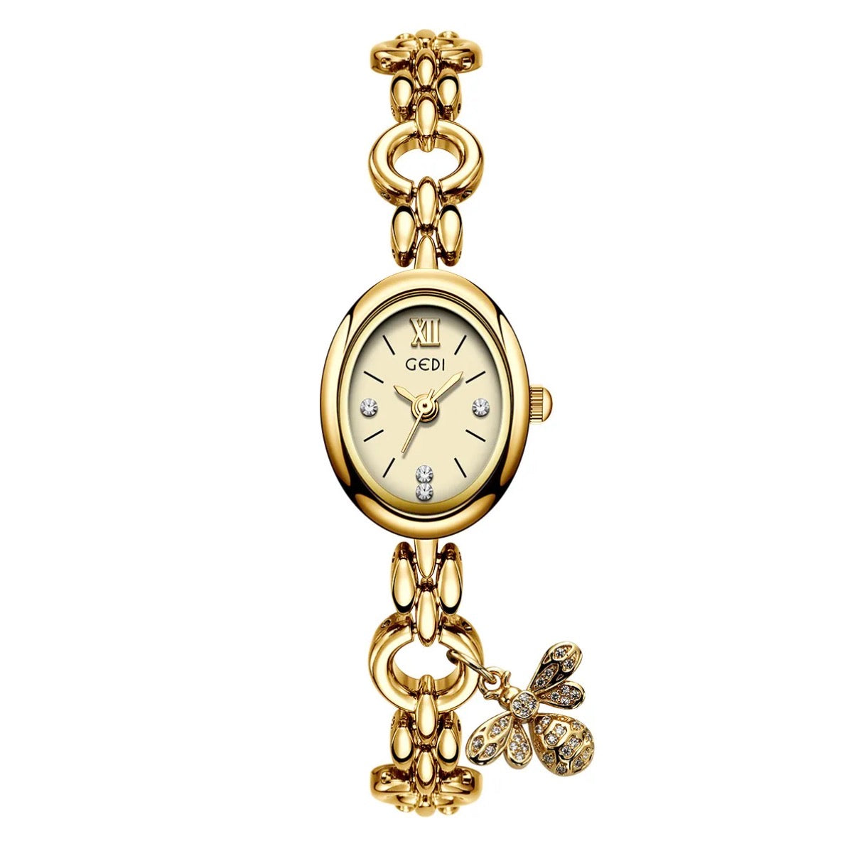 Women Quartz Watch Oval Dial Alloy Chain Bracelet Wristwatch With Bee Fish Charm Elegant Vintage Style