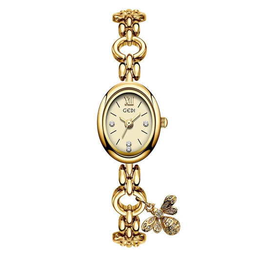 Women Quartz Watch Oval Dial Alloy Chain Bracelet Wristwatch With Bee Fish Charm Elegant Vintage Style