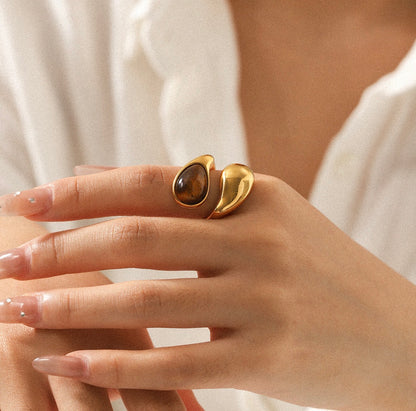 Teardrop Adjustable Ring 18K Gold Plated Stainless Steel Tiger Eye Stone