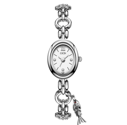 Women Quartz Watch Oval Dial Alloy Chain Bracelet Wristwatch With Fish Charm Elegant Vintage