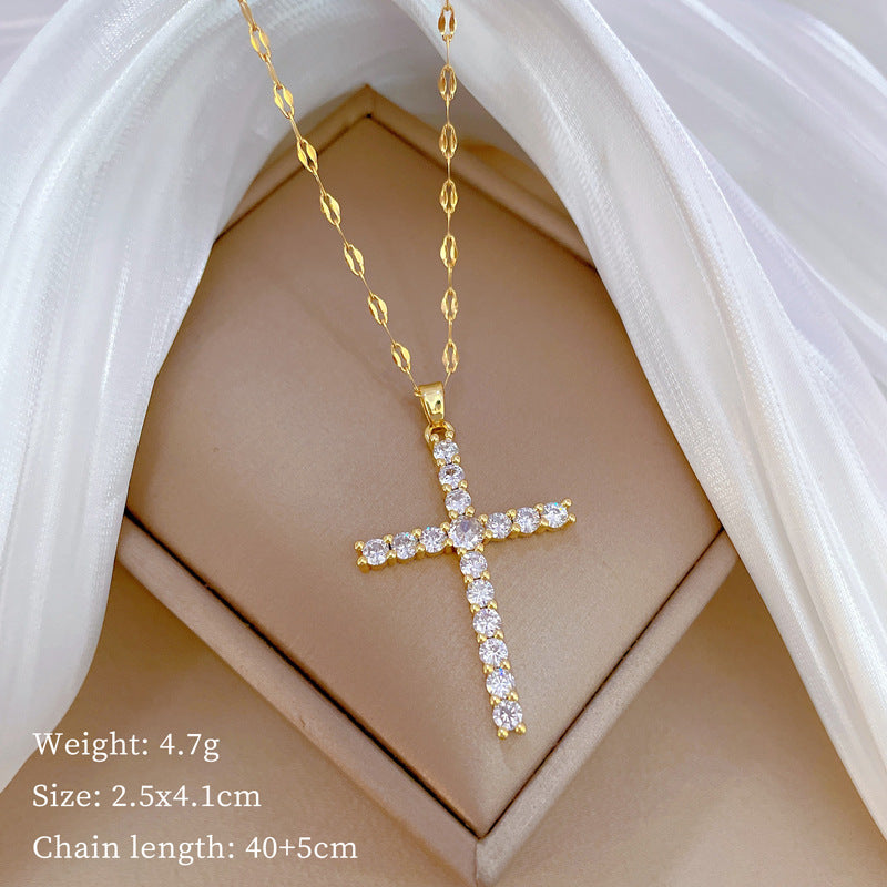 Cross Zircon 18K Gold Plated Steel Pendant Necklace