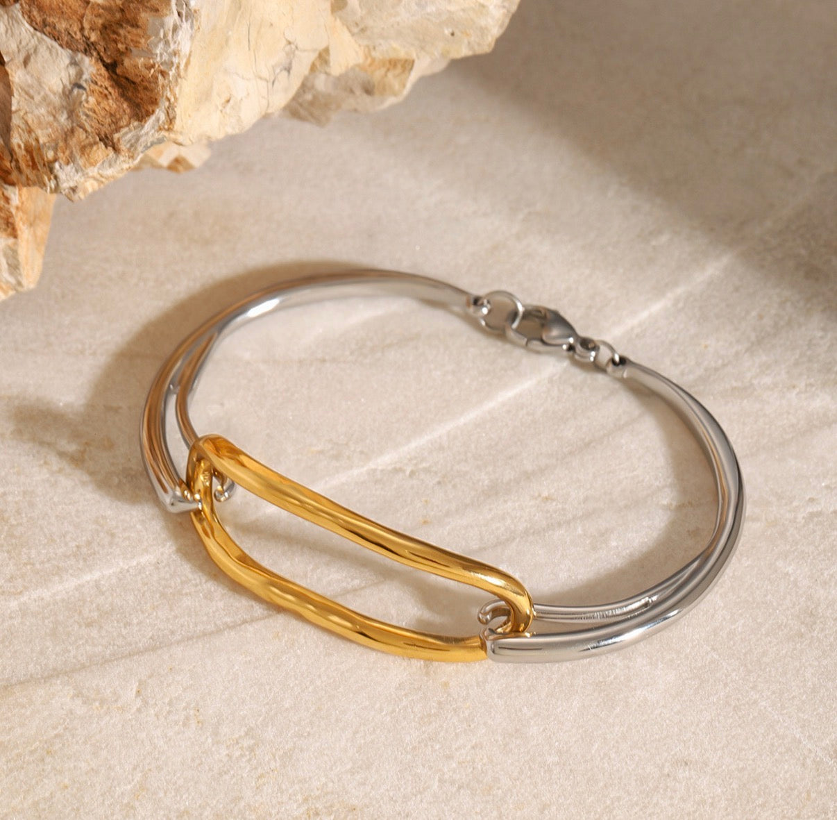 Geometric Bangle Bracelet Stainless Steel Two-Tone Gold Silver Plated Hammered Textured