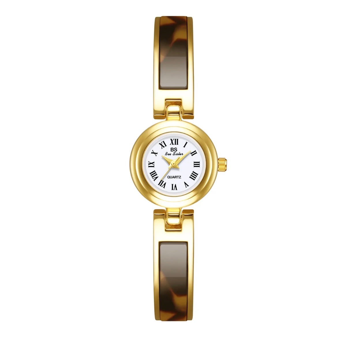 Women Quartz Watch Elegant Gold Case Resin Tortoiseshell Strap Roman Numerals Round Dial Retro