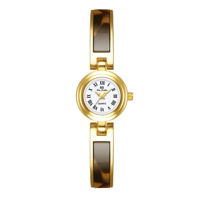 Women Quartz Watch Elegant Gold Case Resin Tortoiseshell Strap Roman Numerals Round Dial Retro