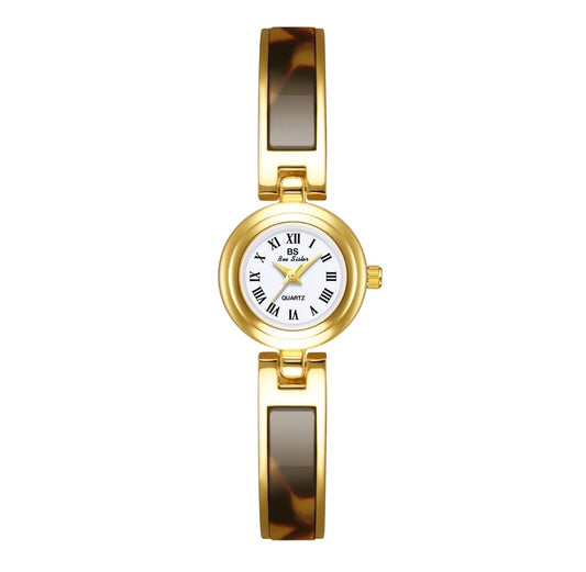 Women Quartz Watch Elegant Gold Case Resin Tortoiseshell Strap Roman Numerals Round Dial Retro