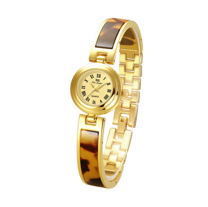 Women Quartz Watch Elegant Gold Case Resin Tortoiseshell Strap Roman Numerals Round Dial Retro