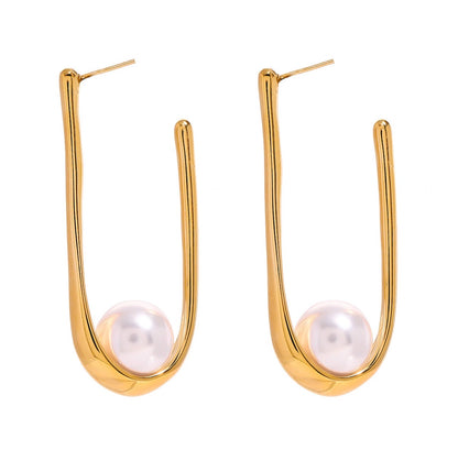 U-Shape Artificial Pearl Earrings 18K Gold Plated Stainless Steel