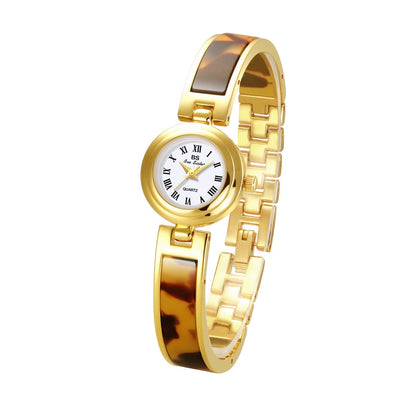 Women Quartz Watch Elegant Gold Case Resin Tortoiseshell Strap Roman Numerals Round Dial Retro