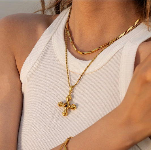 Vintage 18K Gold Plated Stainless Steel Tiger Eye Stone Cross Necklace