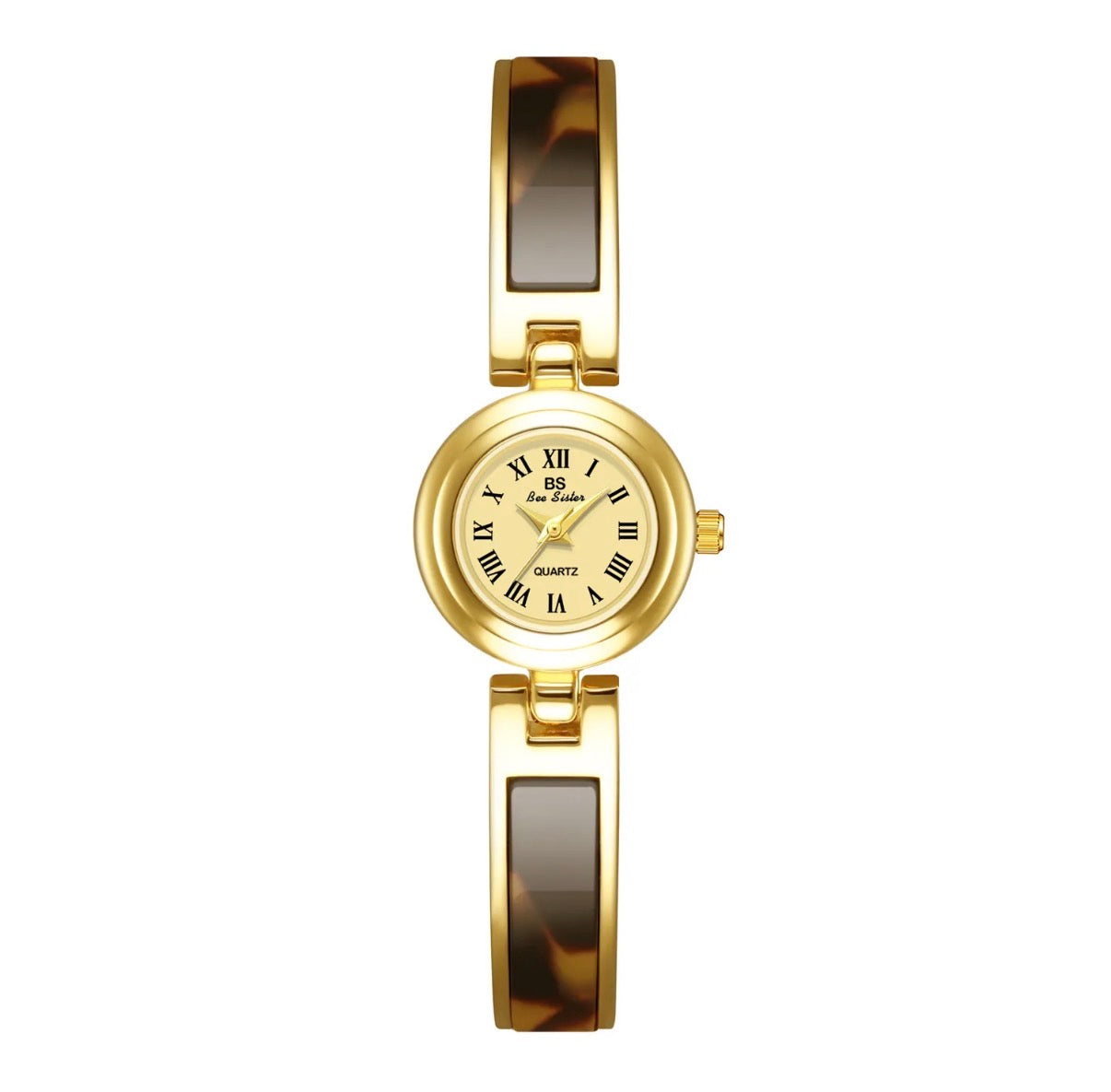 Women Quartz Watch Elegant Gold Case Resin Tortoiseshell Strap Roman Numerals Round Dial Retro