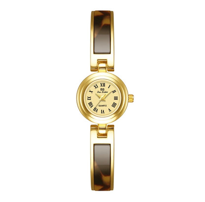Women Quartz Watch Elegant Gold Case Resin Tortoiseshell Strap Roman Numerals Round Dial Retro