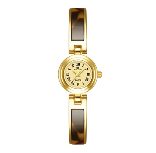 Women Quartz Watch Elegant Gold Case Resin Tortoiseshell Strap Roman Numerals Round Dial Retro