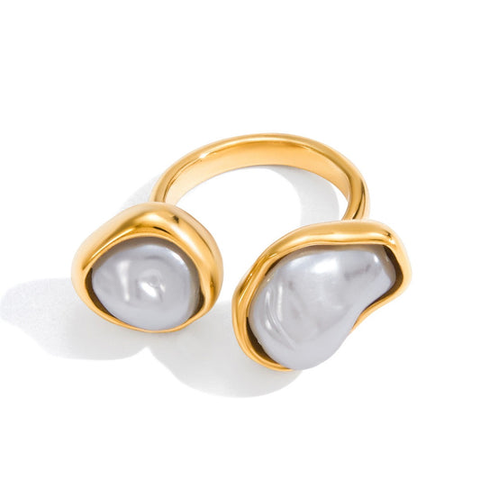 Artificial Baroque Pearl Open Ring Stainless Steel 18K Gold Plated Steel