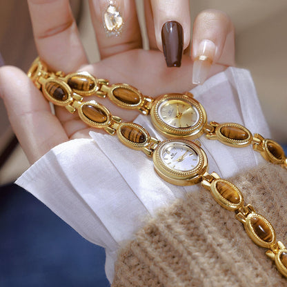 Watch Vintage Gold Tone Alloy Strap Inlaid Tiger Eye Stone Oval Dial Elegant Luxury Ethnic Style Lady Wristwatch