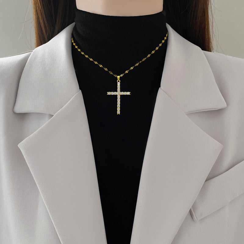 Cross Zircon 18K Gold Plated Steel Pendant Necklace