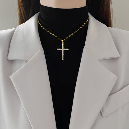 Cross Zircon 18K Gold Plated Steel Pendant Necklace