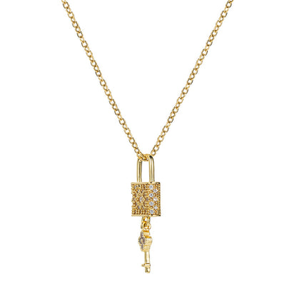 Lock Rhinestones 18K Gold Plated Steel Pendant Necklace