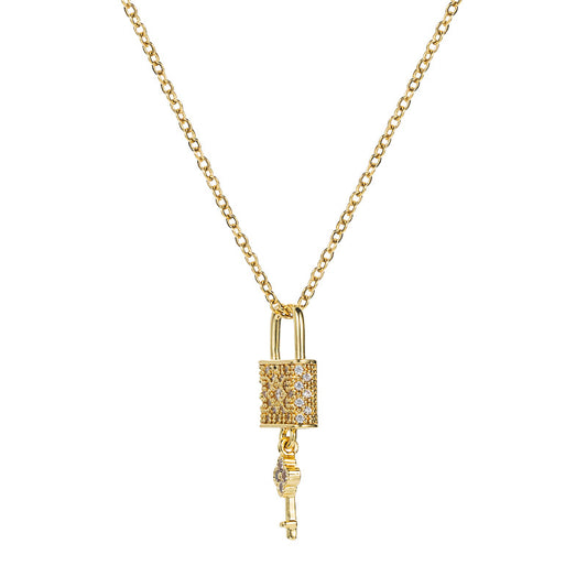 Lock Rhinestones 18K Gold Plated Steel Pendant Necklace
