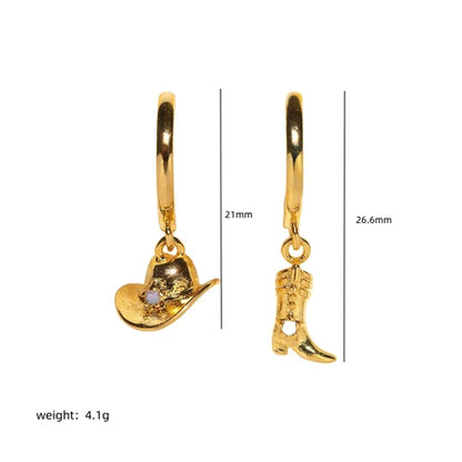 Cowboy Style Hat Boots 18K Gold Plated Drop Earrings