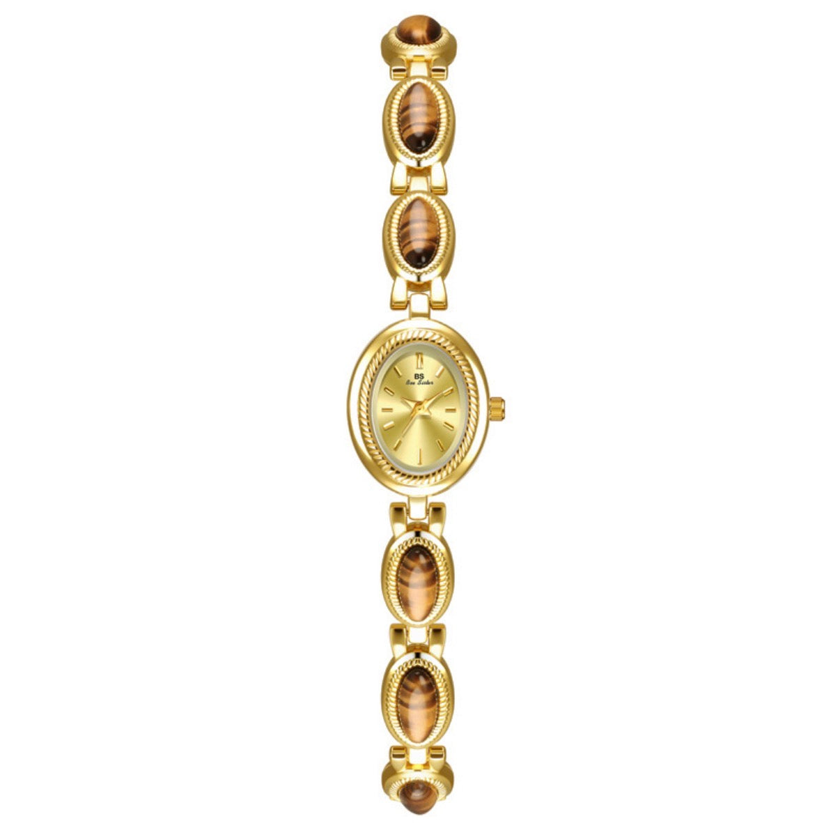 Watch Vintage Gold Tone Alloy Strap Inlaid Tiger Eye Stone Oval Dial Elegant Luxury Ethnic Style Lady Wristwatch