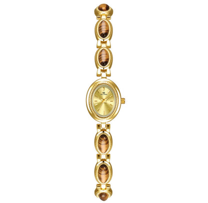 Watch Vintage Gold Tone Alloy Strap Inlaid Tiger Eye Stone Oval Dial Elegant Luxury Ethnic Style Lady Wristwatch