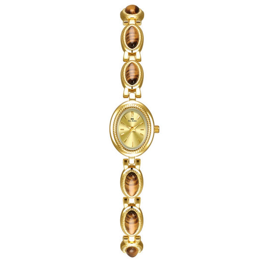 Watch Vintage Gold Tone Alloy Strap Inlaid Tiger Eye Stone Oval Dial Elegant Luxury Ethnic Style Lady Wristwatch