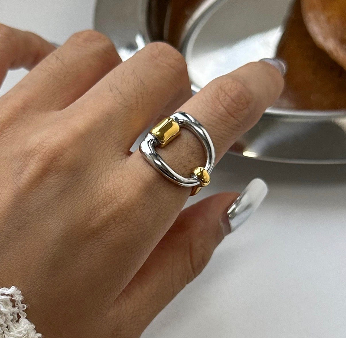 Ring Bicolor Gold Silver Horsebit Design Open Adjustable