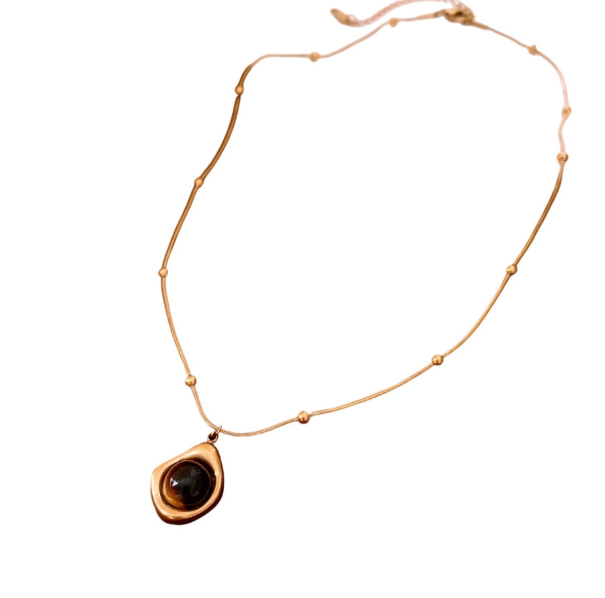 Tiger Eye Stone Pendant 18K Gold Plated Steel Necklace