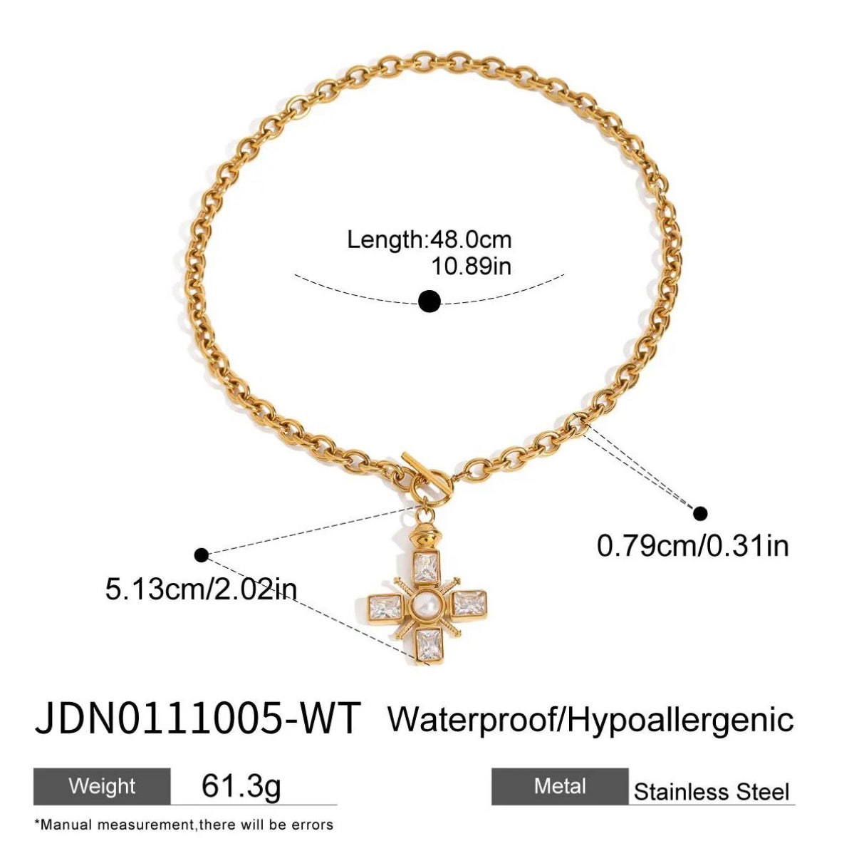Cross Pendant Necklace Faux Pearl 18K Gold Plated
