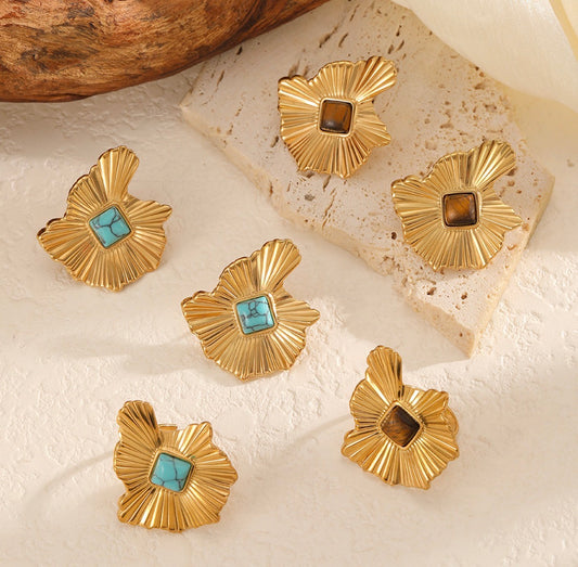 Leaf Earrings 18K Gold Plated Stainless Steel Tiger Eye Stone Bohemian