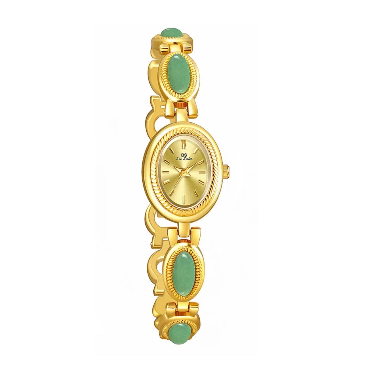 Women's Bracelet Watch With Green Gemstone Oval Dial Vintage Elegant Alloy Wristwatch Retro Quartz Movement
