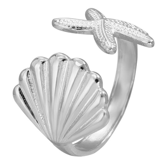 "Starfish And Seashell" Ring, Stainless Steel