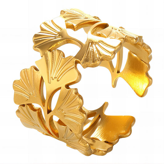 "Ginkgo leaves" Ring, 18K Gold Plated Steel